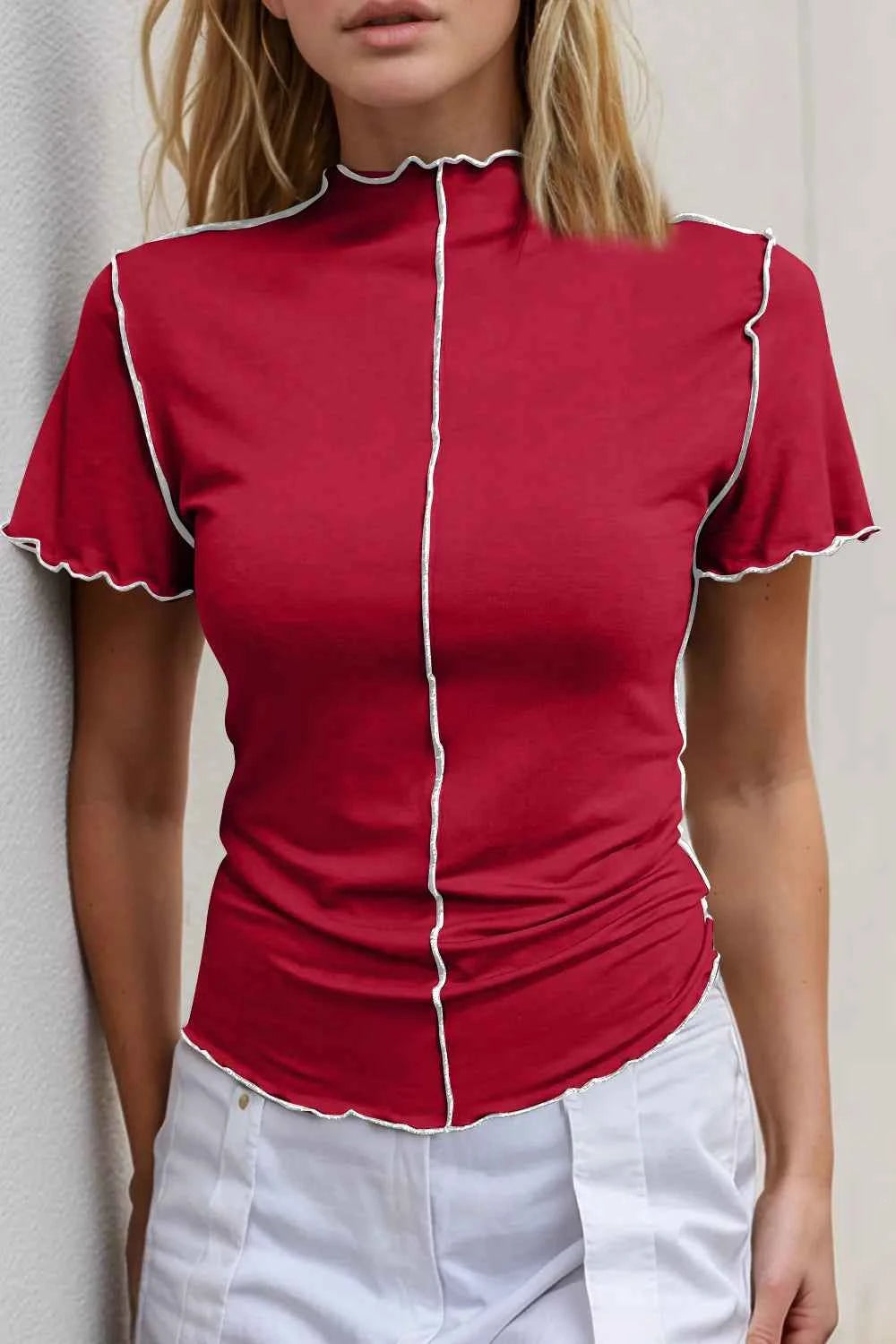 Basic Bae Contrast Trim Mock Neck Short Sleeve T-Shirt Scarlet 7ba1d91a-3d81-45b4-b99d-9c73847e7612-Max