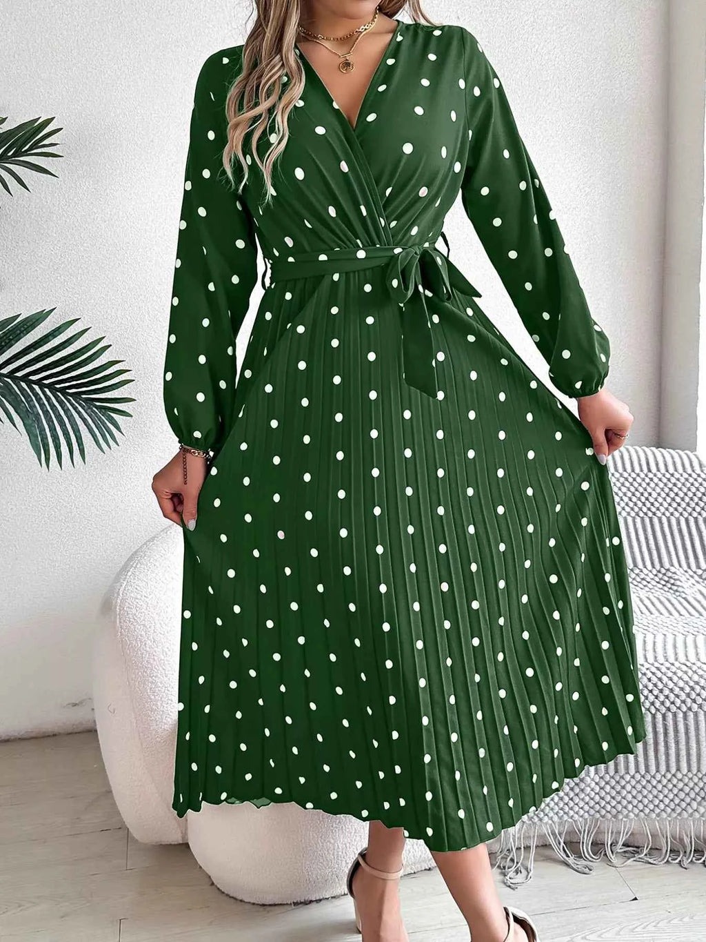 Front Tie Polka Dot Midi Pleated Dress 7ba64f34-d4a6-4a84-bd58-23973782f2d3-Max-Origin