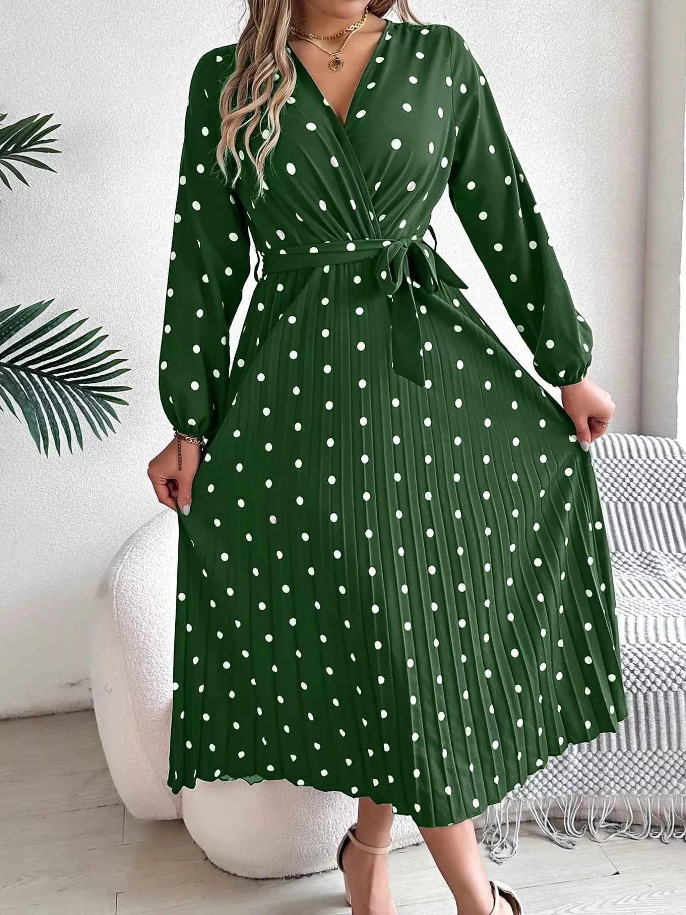 Front Tie Polka Dot Midi Pleated Dress 7ba64f34-d4a6-4a84-bd58-23973782f2d3-Max-Origin