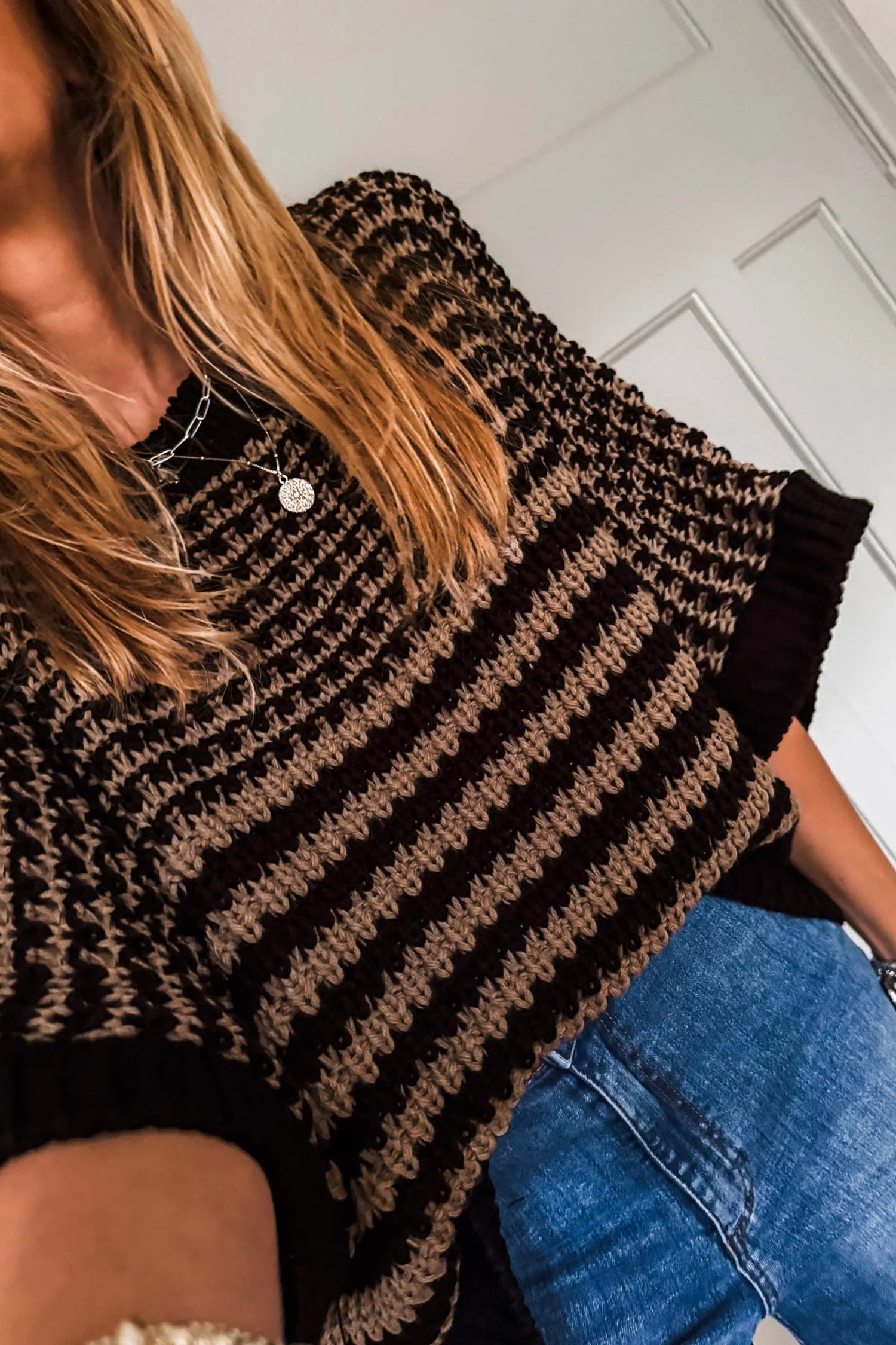 Black Stripe 3/4 Draped Sleeve Slouchy Sweater 7ba764985b5a7656