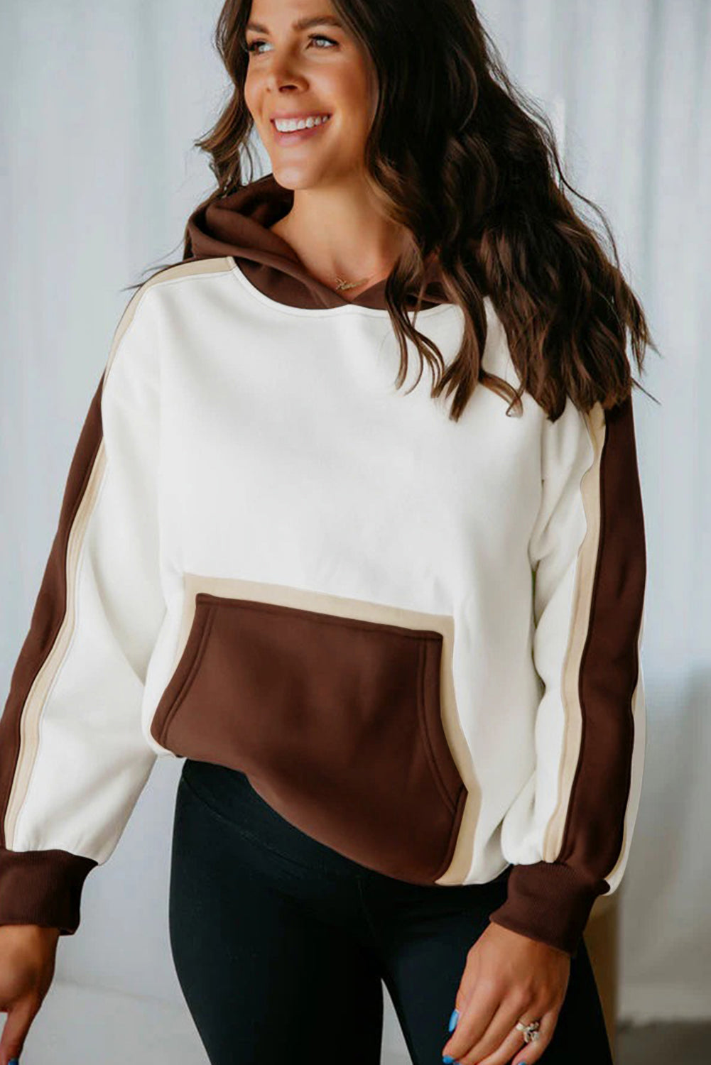Coffee Colorblock Kangaroo Pocket Long Sleeve Hoodie 7babda4fff324ab1