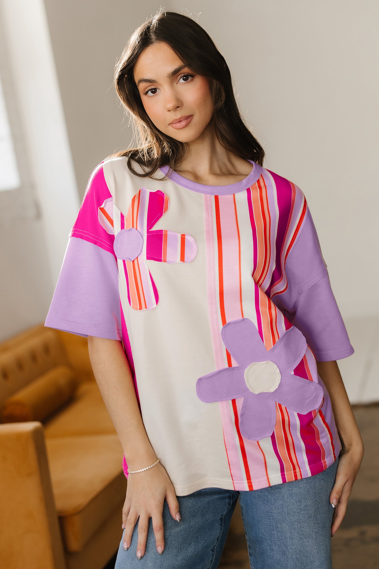 Pink Striped Color Block Flower Patched Half Sleeve Loose Top 7bad8d06fc4c7c4a