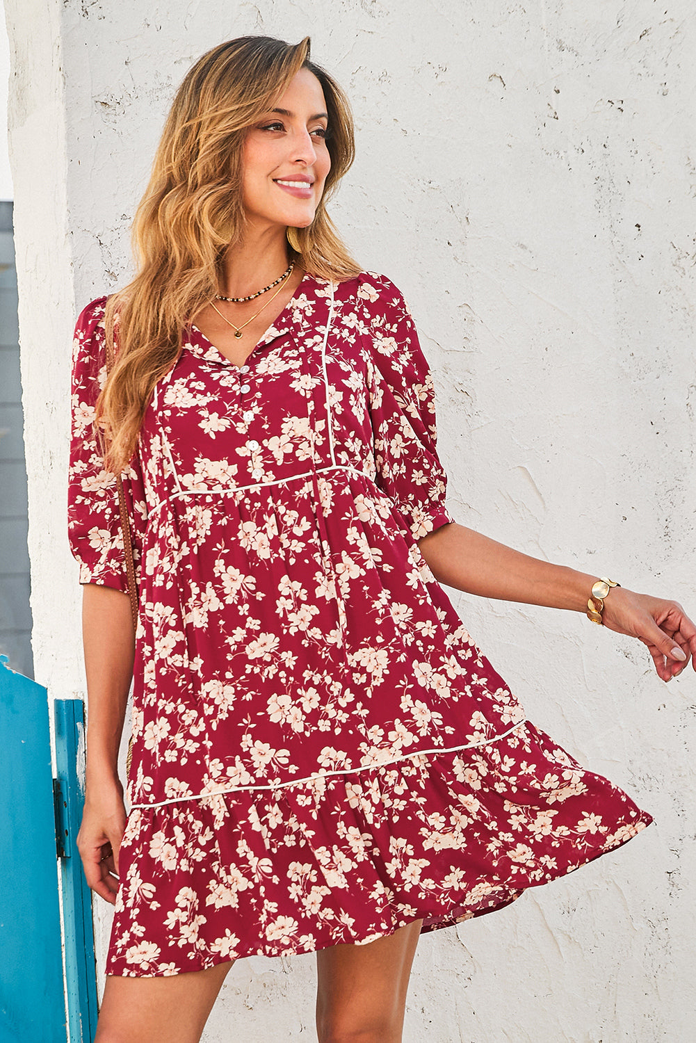 Yellow Floral Print Contrast Trim Button Tie Neck Swing Dress 7baea149e046b54e