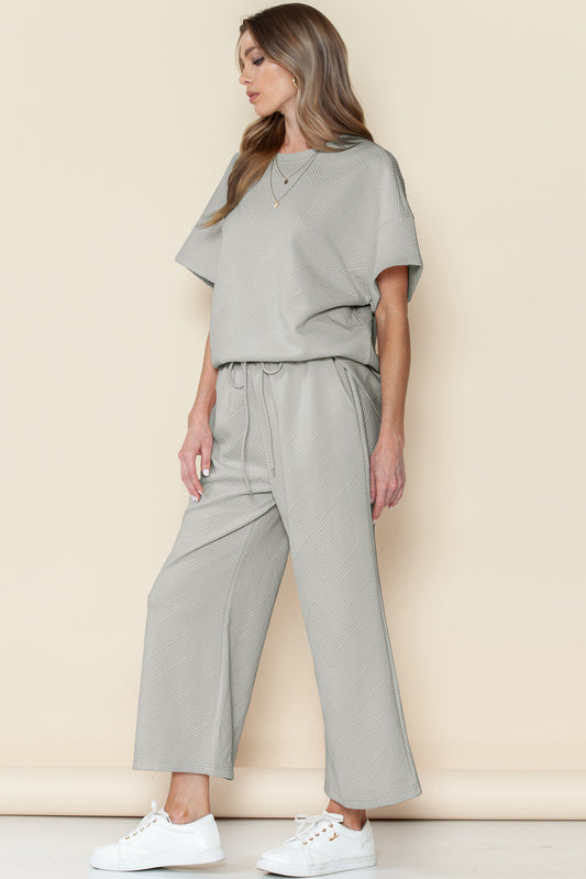 Gray Textured Loose Fit T Shirt & Drawstring Pants Set 7baee7686182534f