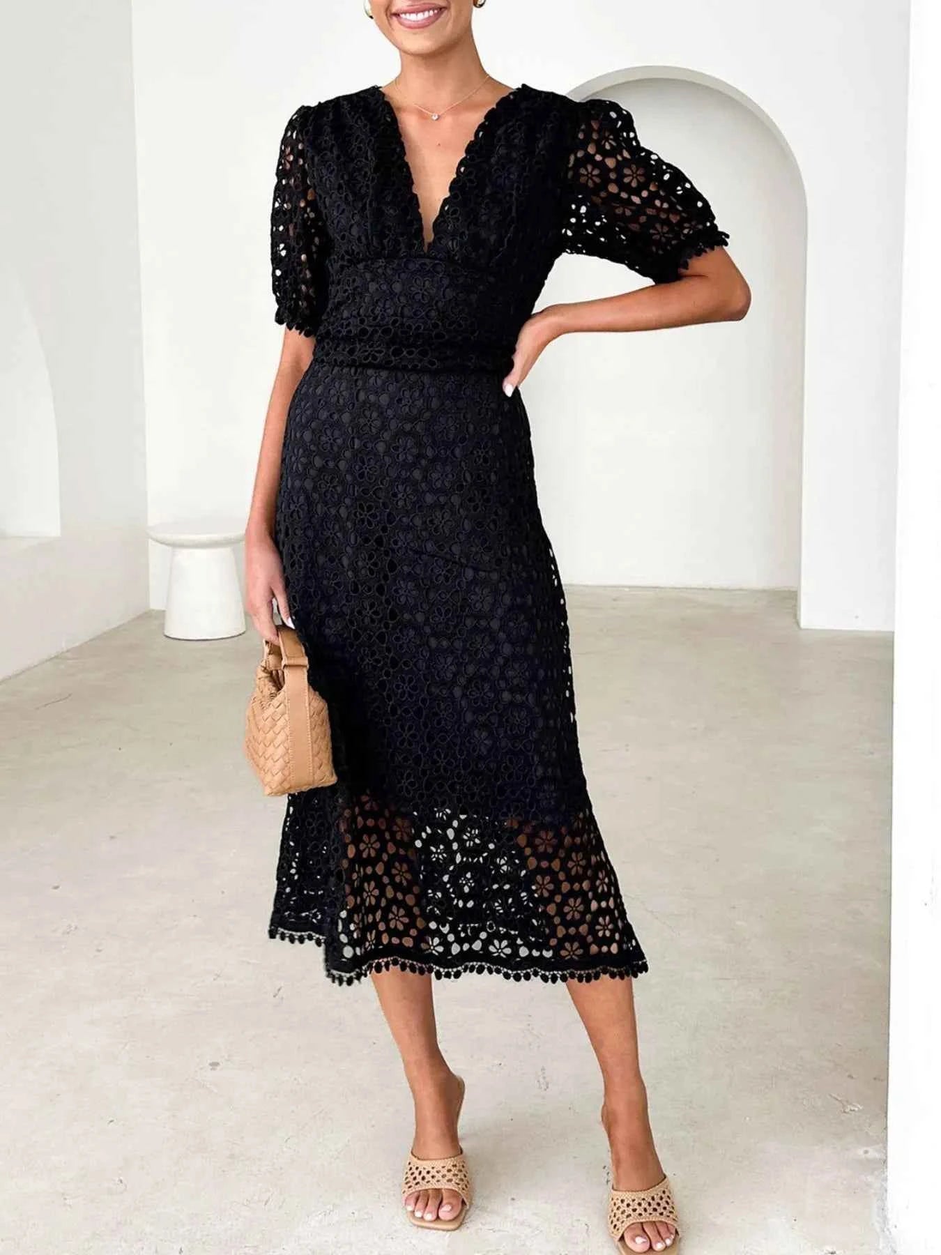 Eyelet Lace V-Neck Midi Dress with Puff Sleeves Black 7bb117d8-a639-4c47-9c22-06beb8b060e9-Max-Origin