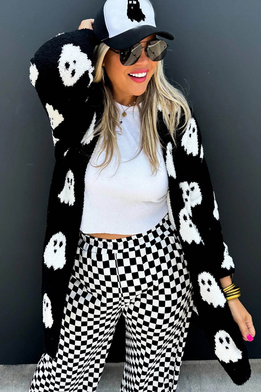 Black Halloween Ghost Pattern Mid length Knitted Cardigan Black 7bb422a0f05c0fc9