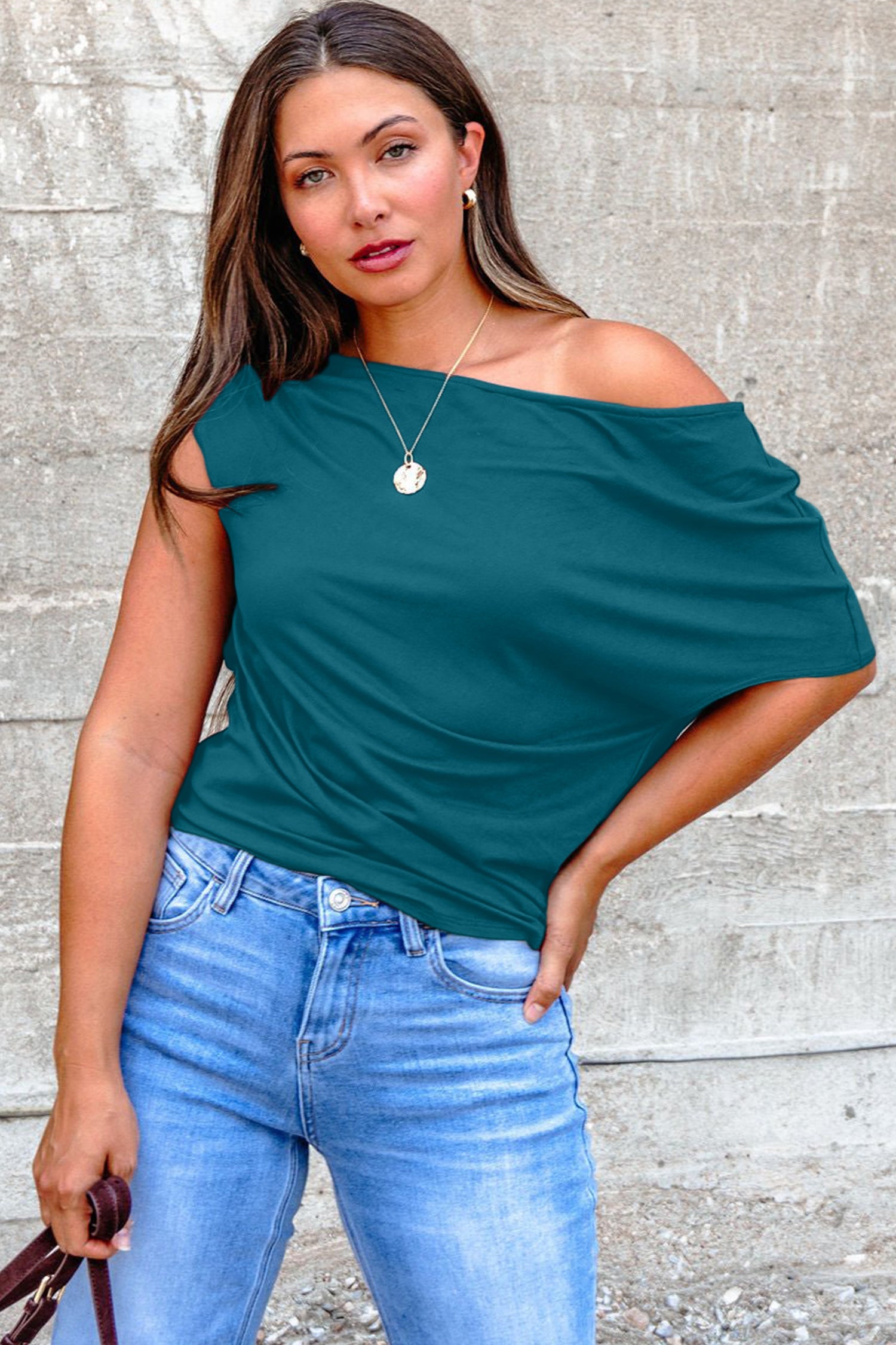 Blue Sapphire Plus Size Solid Color Asymmetric Neck Short Sleeve Blouse 7bb54eeb1bc638e2