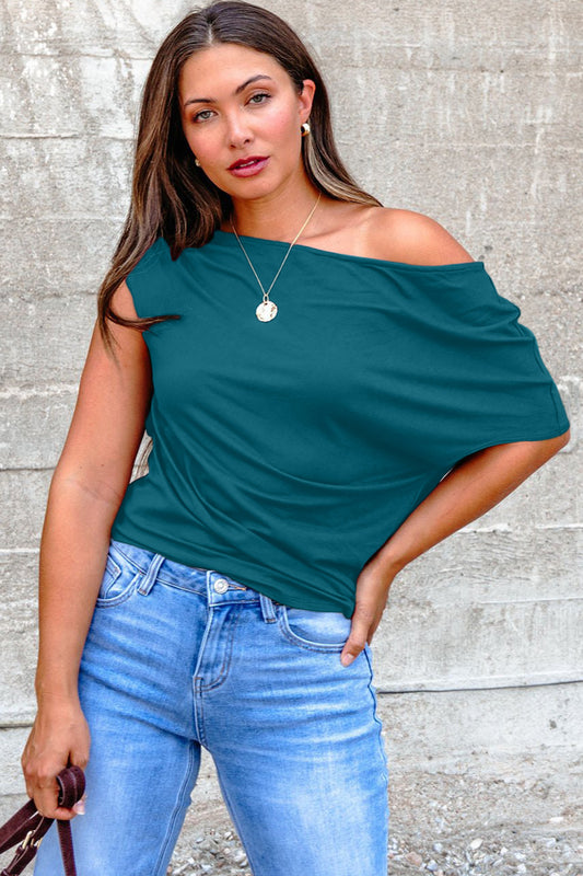 Blue Sapphire Plus Size Solid Color Asymmetric Neck Short Sleeve Blouse 7bb54eeb1bc638e2