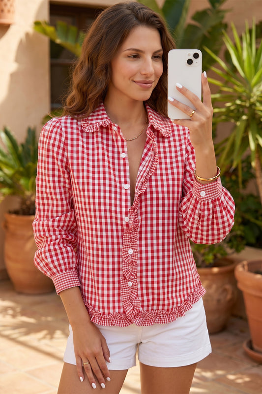 Red Plaid Long Sleeve Button Down Frill Detail Casual Shirt 7bba72f8ed697ce7