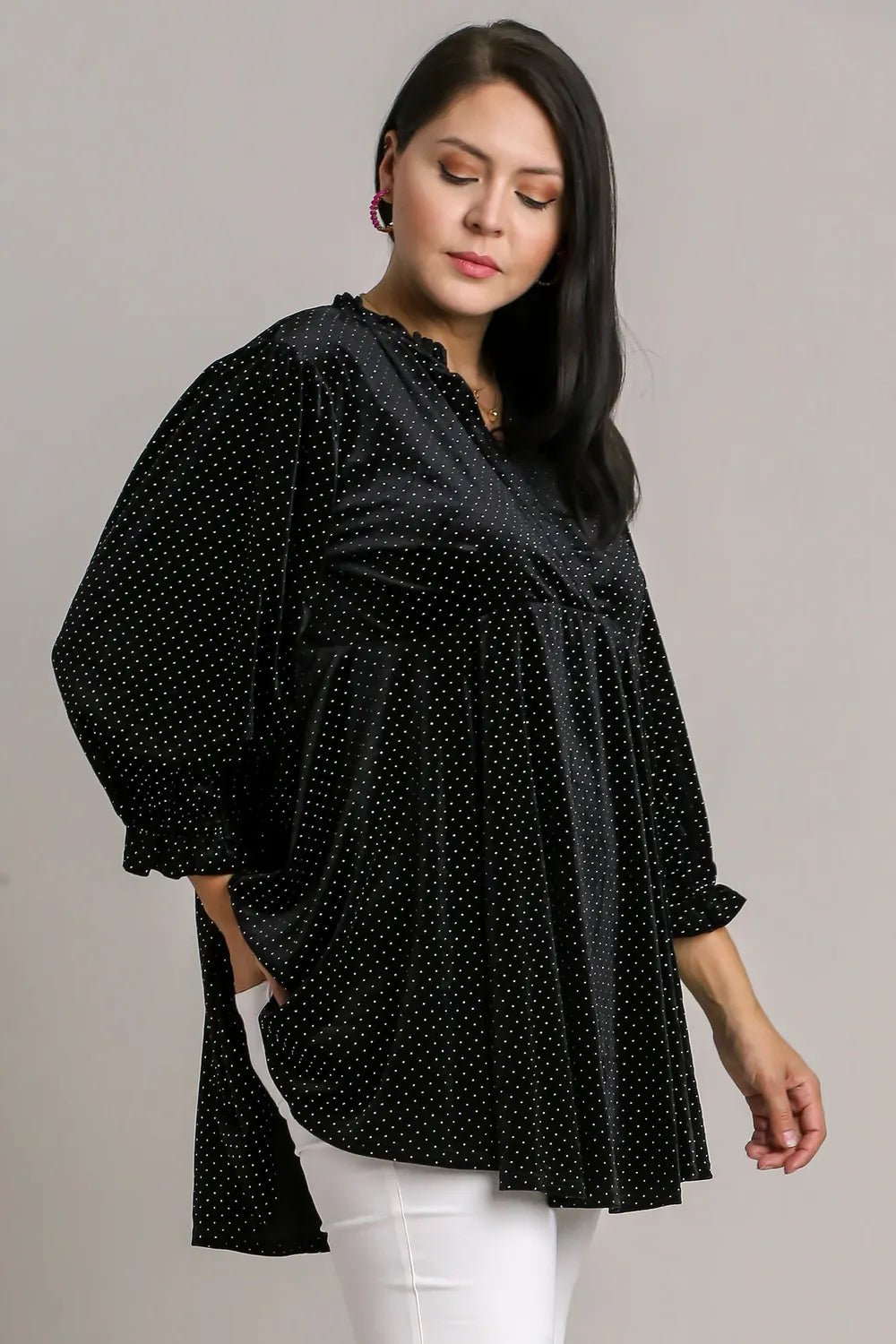 Umgee Full Size Beaded Frill Flounce Sleeve Velvet Babydoll Blouse 7bbd2dd0-eebc-47b4-bc83-702ac2a94178-Max