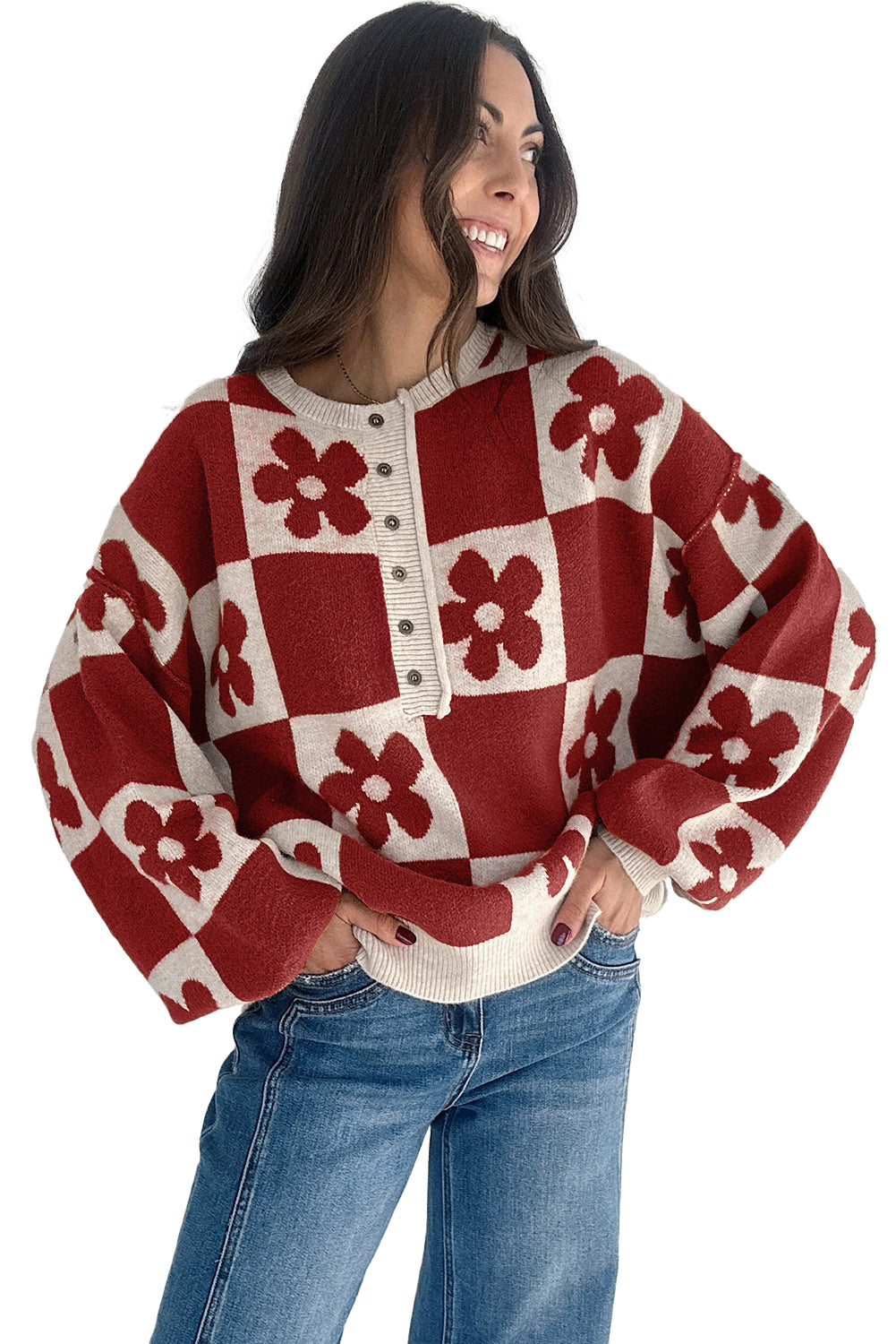 Red Dahlia Flower Colorblock Checkered Henley Sweater 7bbec76f02470b93