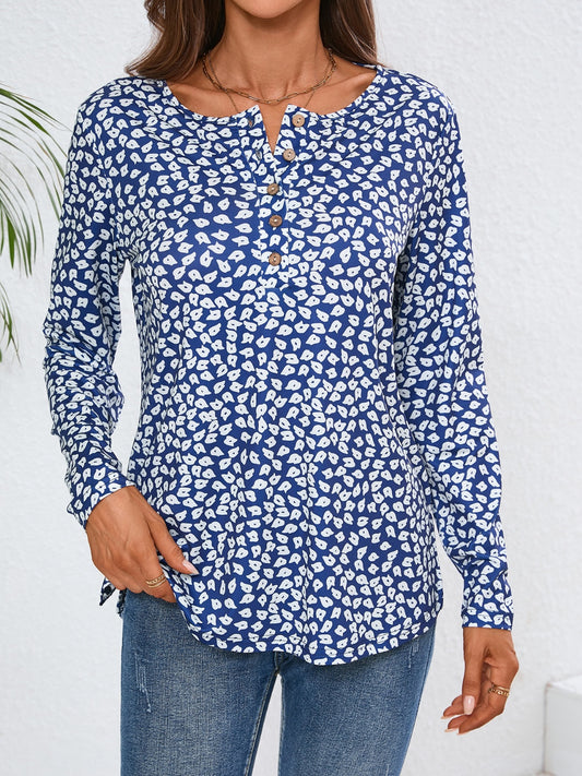 Quarter Button Printed Round Neck Long Sleeve Top