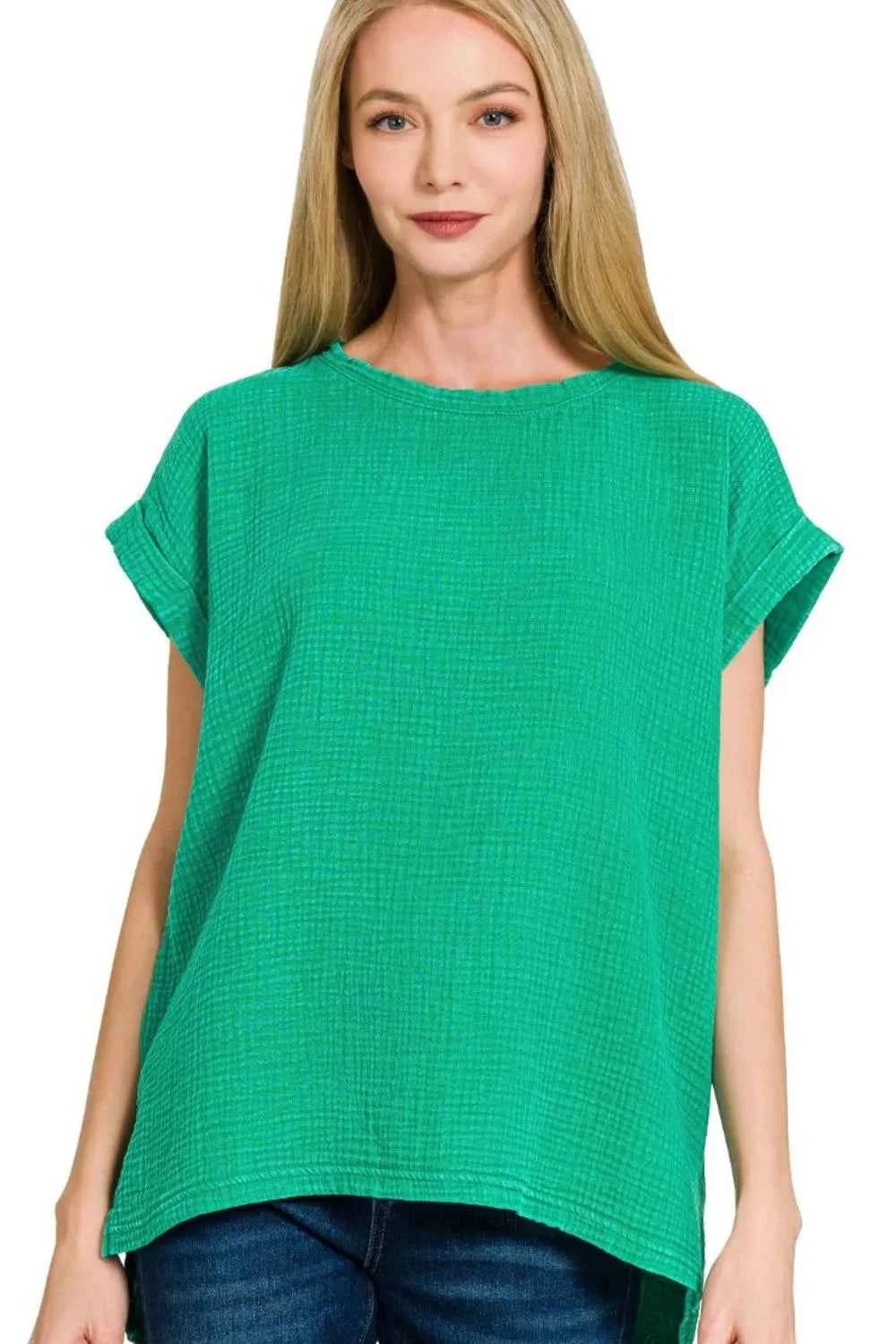 Zenana Woven Double Gauze Acid Washed Short Sleeve Top 7bcd6175-4ff5-4604-a299-d6c420df8d4e-Max-Origin