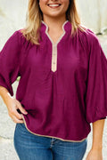Wild Ginger Plus Size Contrast Trim Button V Neck Puffy Bracelet Sleeve Blouse Wild Ginger 80%Viscose+20%Polyamide 7bd0e5c71b143b88