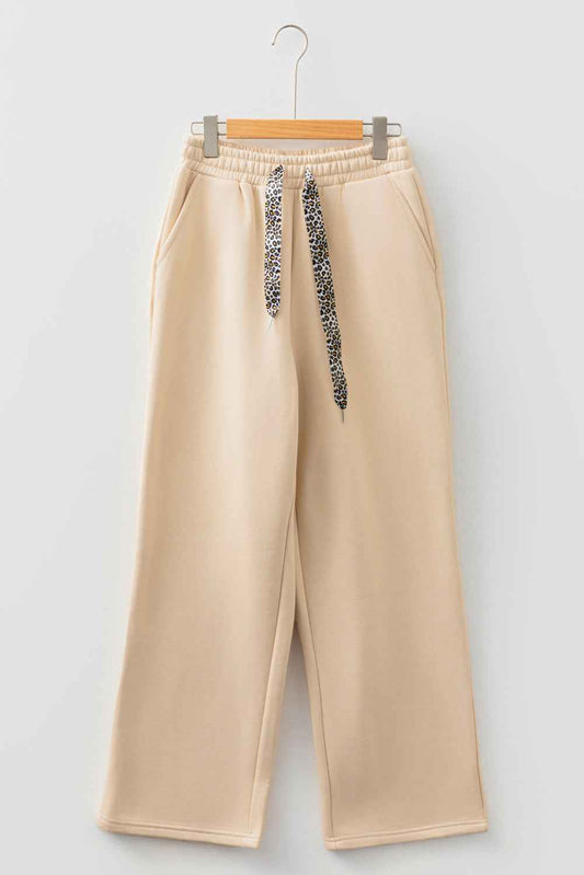 Oatmeal Fleece Lined Leopard Drawstring Elastic Waist Solid Pants 7bd1c7365ad72dff