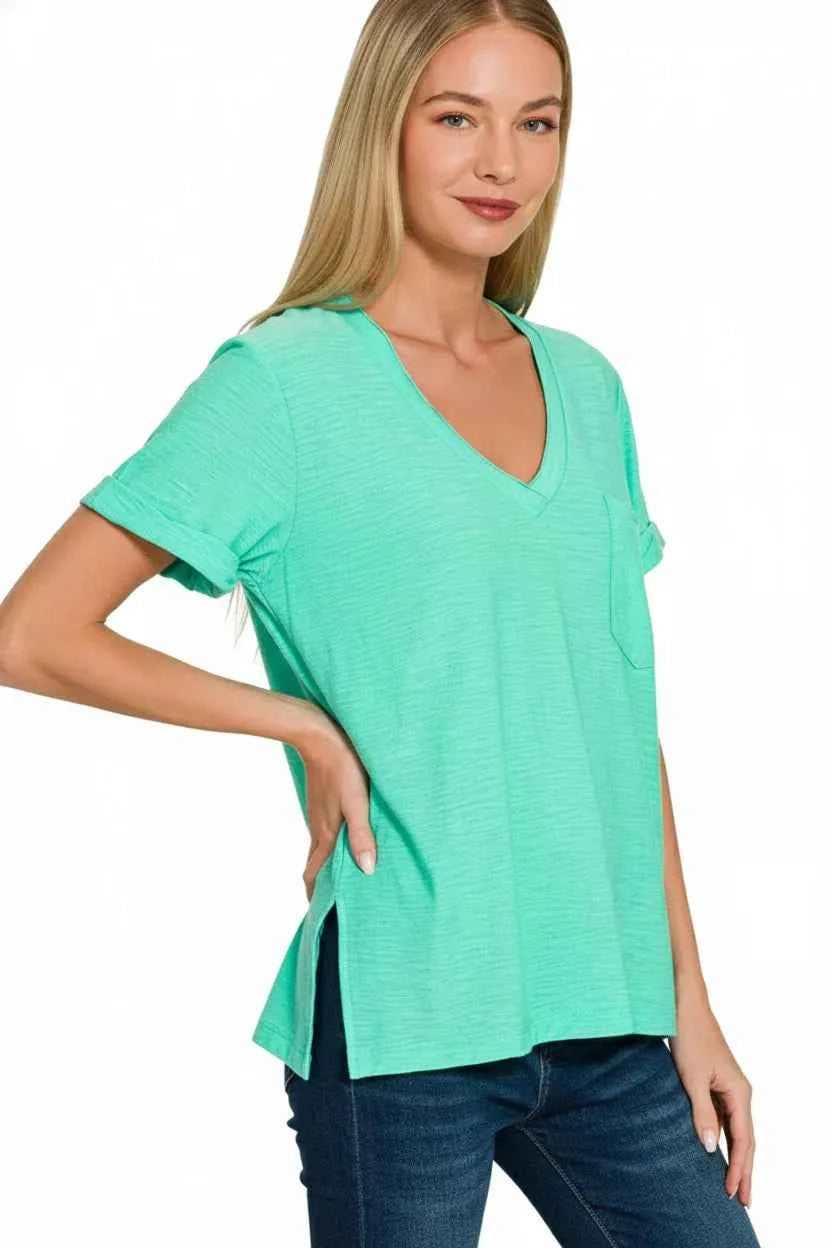 Zenana Slub Rolled Short Sleeve V-Neck Tee 7bd4ec08-88b8-4713-9ae3-b957acd9608c-Max-Origin