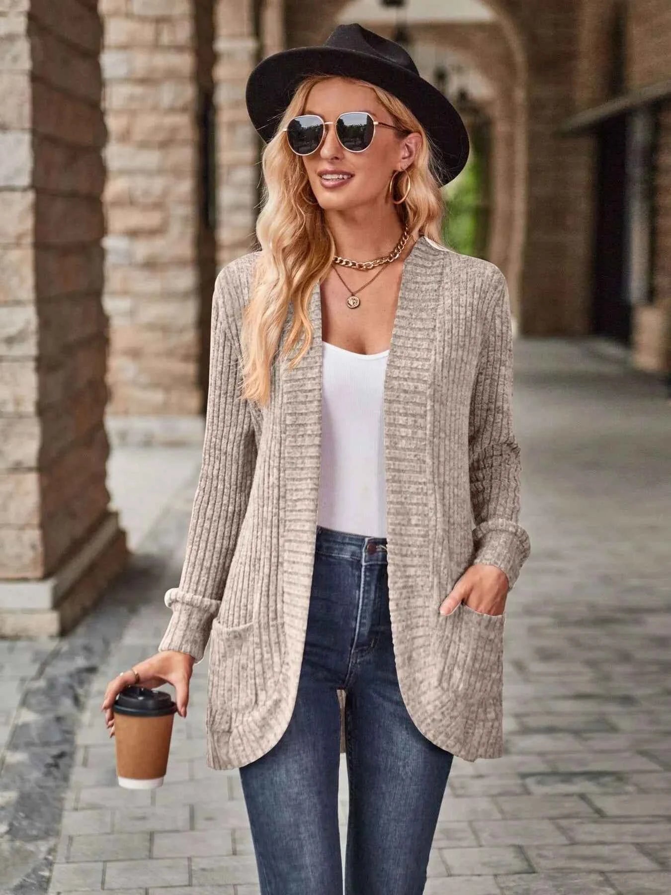 Ribbed Open Front Long Cardigan with Pockets