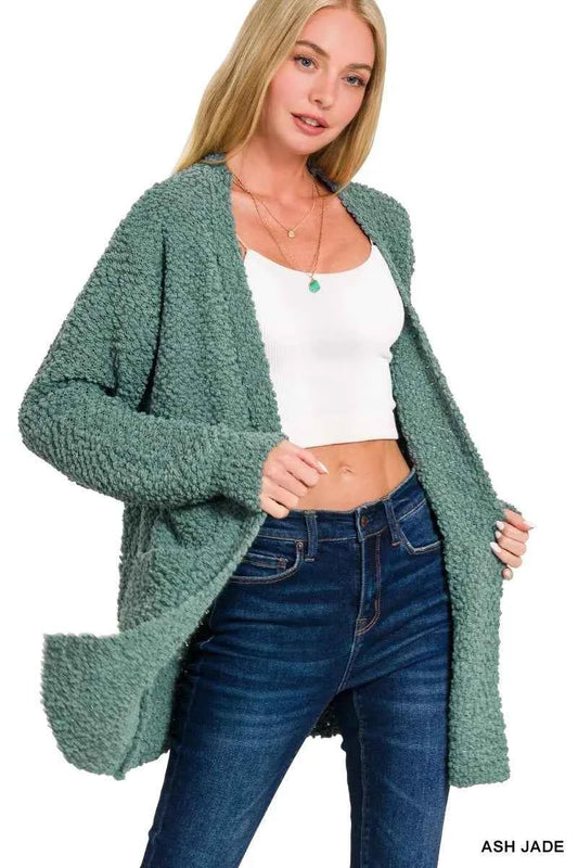 Long Sleeve Popcorn Sweater Cardigan with Pockets 7bded5627fa7439d8c590d4308134a4a-Max-Origin