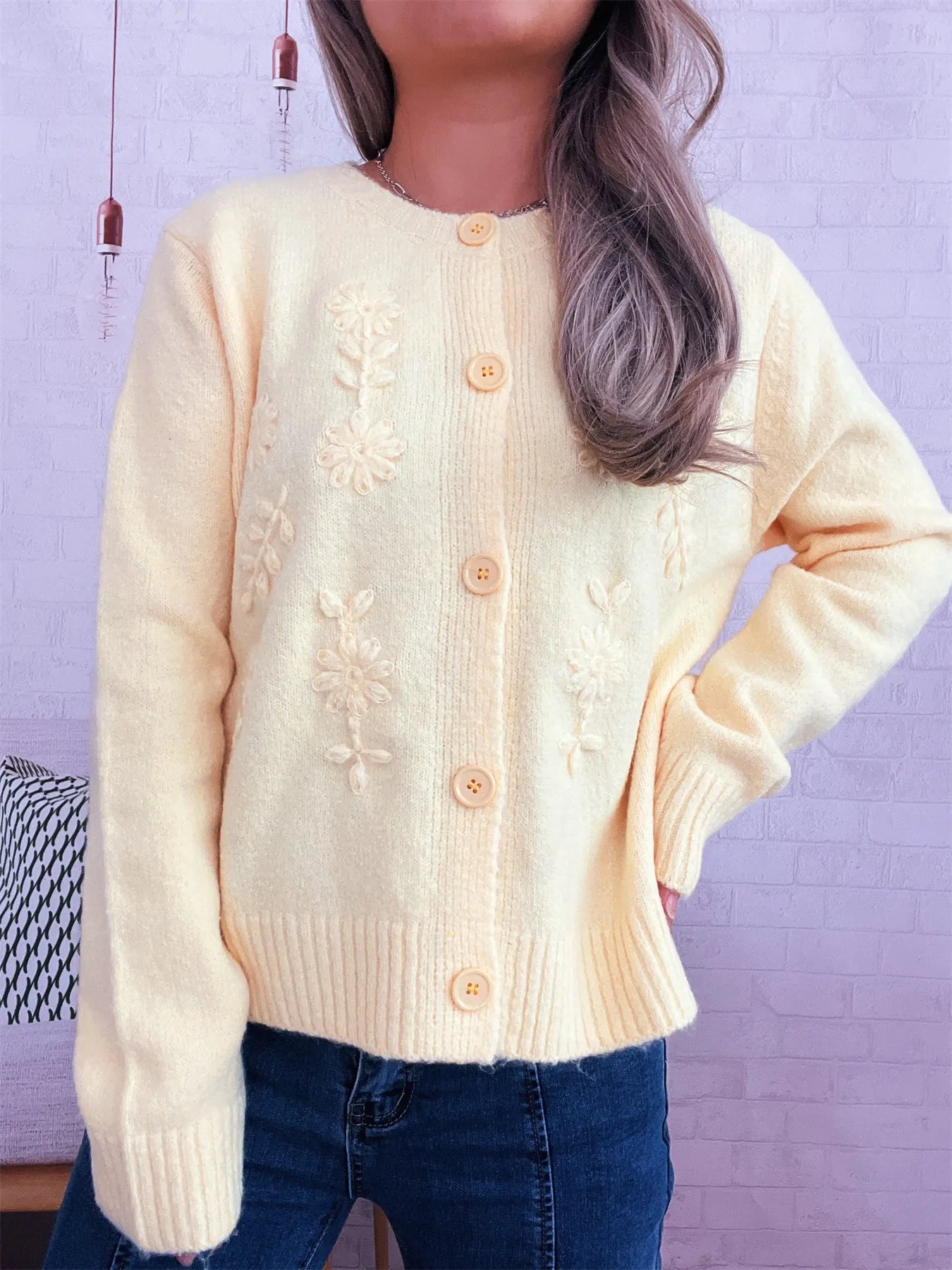 Flower Button Up Ribbed Hem Cardigan 7bdee33245de4225877f6567592322ea-Max-Origin