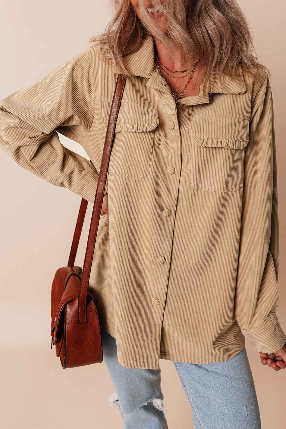 Light French Beige Corduroy Frilled Flap Pocket Button Up Shacket Light French Beige 100%Polyester 7bdefdf102fc3d39