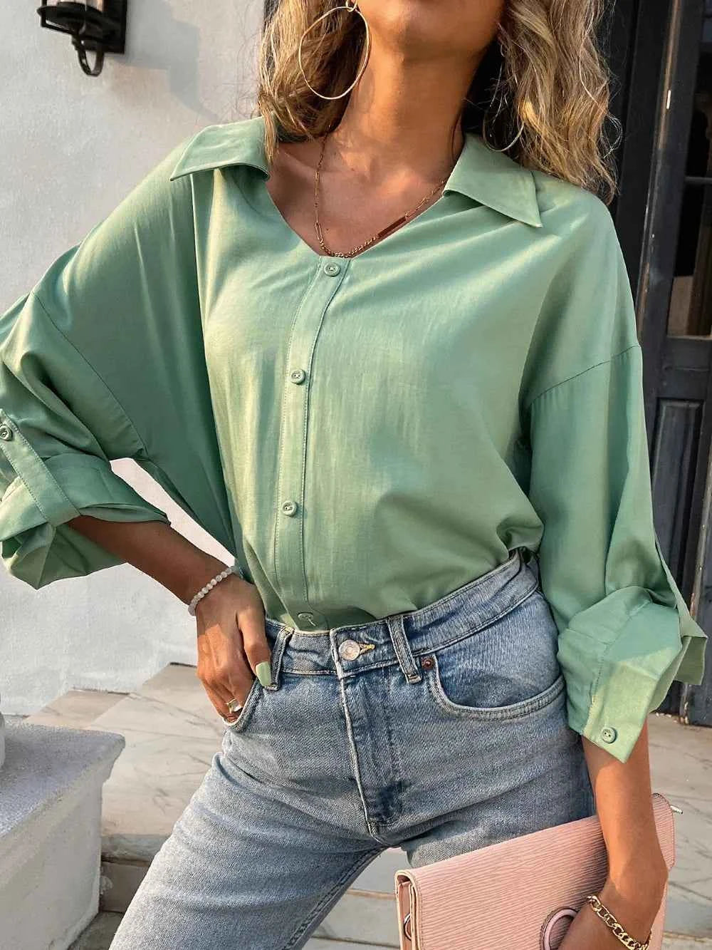 Button Down Collared Neck Long Sleeve Shirt Green 7bdfbab5-9fbf-4f2e-8757-f2fefc55e5a4-Max