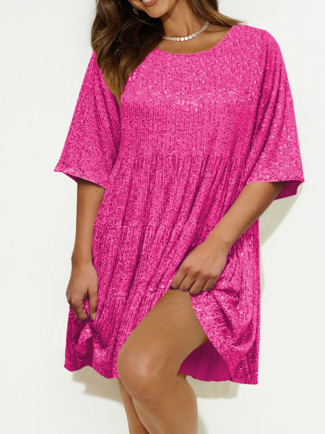 Sequin Round Neck Half Sleeve Mini Dress