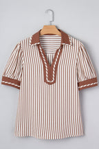 Khaki Stripe Collared Split Neck Short Bubble Sleeve Blouse 7be33e0ac4ab338e
