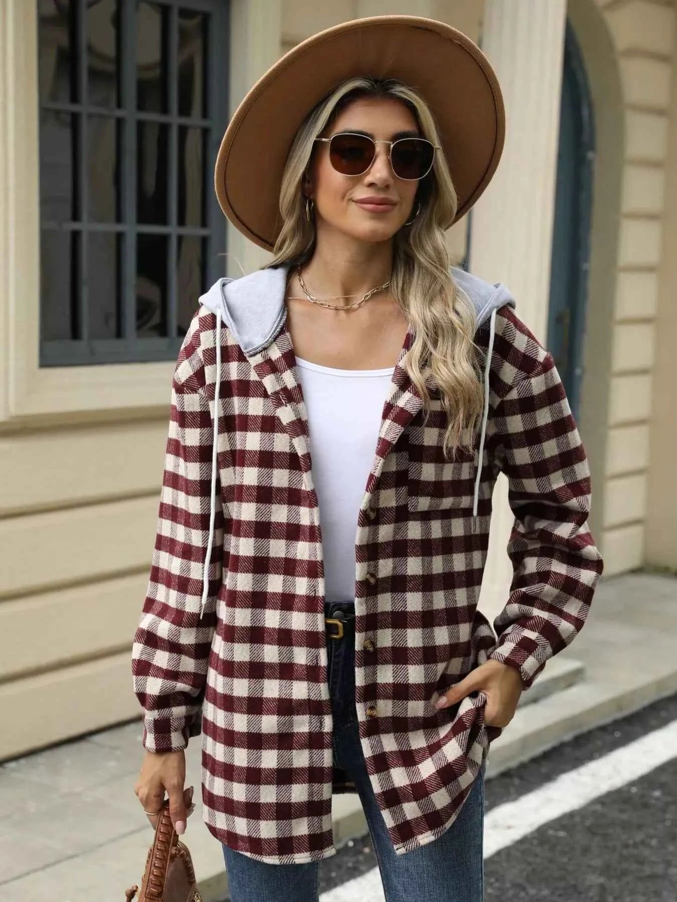 Plaid Button Up Long Sleeve Drawstring Hooded Jacket 7be6823fce1d48619ba7001493b2d1e1-Max-Origin