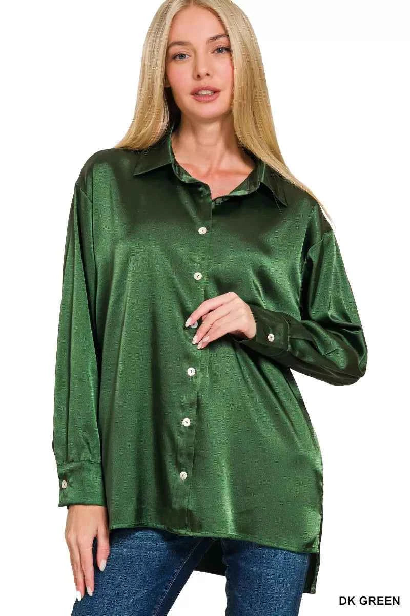 Zenana Satin Button Down Long Sleeve Shirt DK GREEN 7beb01f6aaf446cf9eeec46b7120d608-Max-Origin
