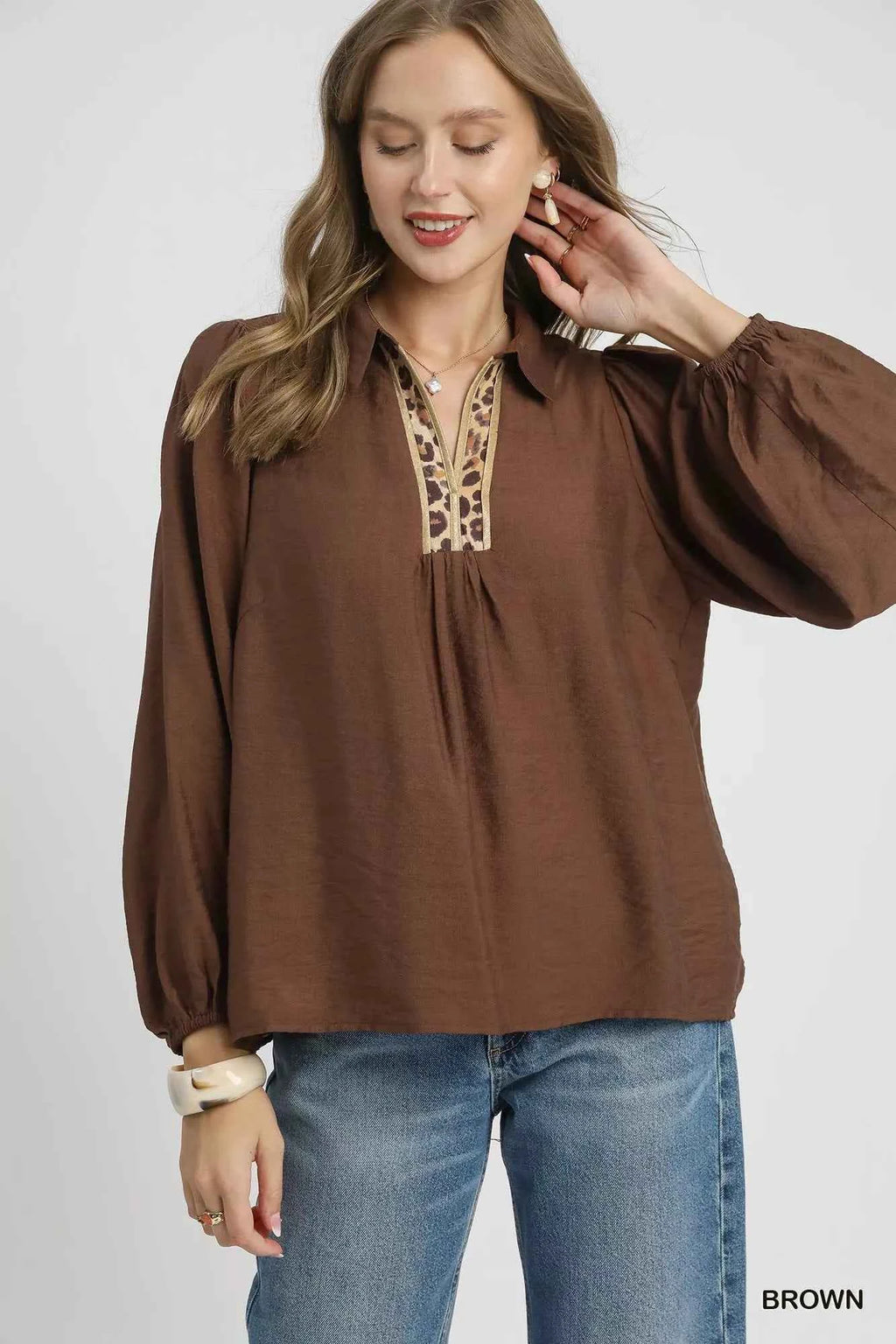 Umgee Long Sleeve Blouse with Leopard Print Trim Brown 7beeb84f-eb91-4d05-abc4-0d1d6e187994-Max-Origin