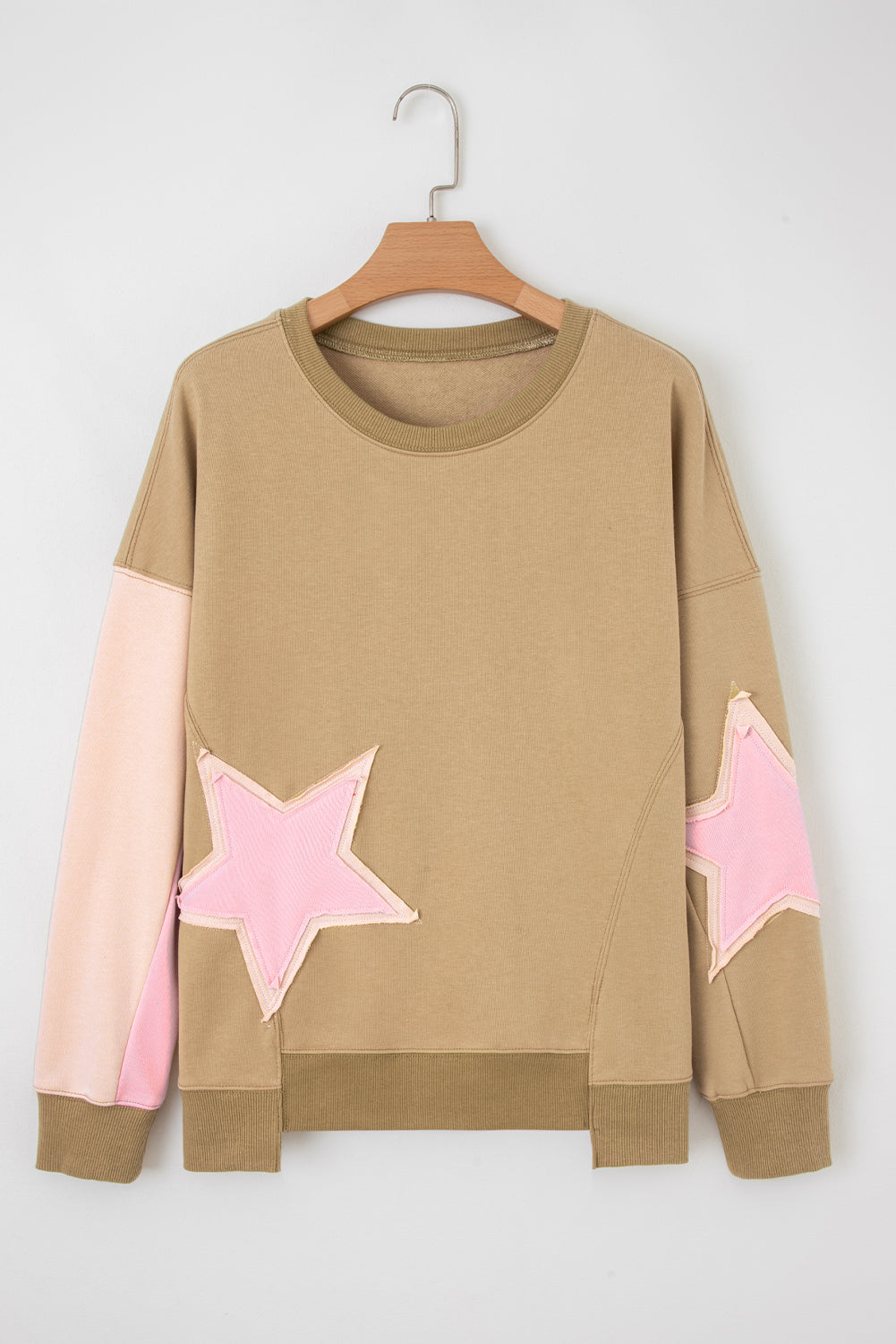 Rose Pink Star Patchwork Exposed Seam Uneven Hem Sweatshirt 7bef1479f364ee17