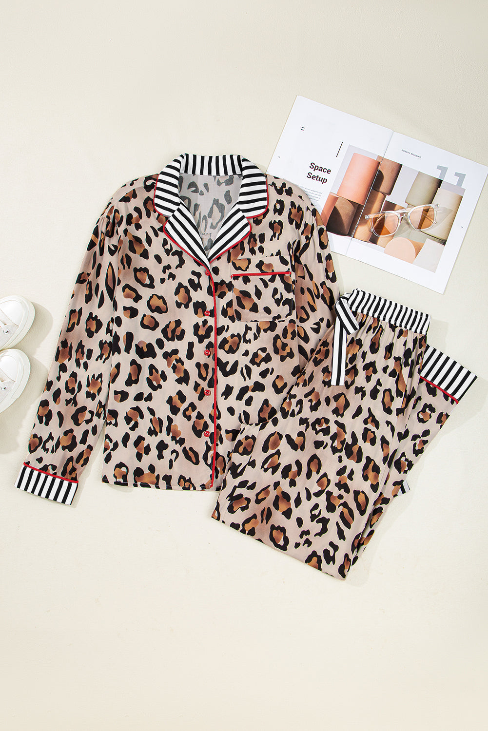 Khaki Leopard Print Colorblock Striped Patchwork Shirt and Pants Pajama Set 7bef6ae97f8238d9