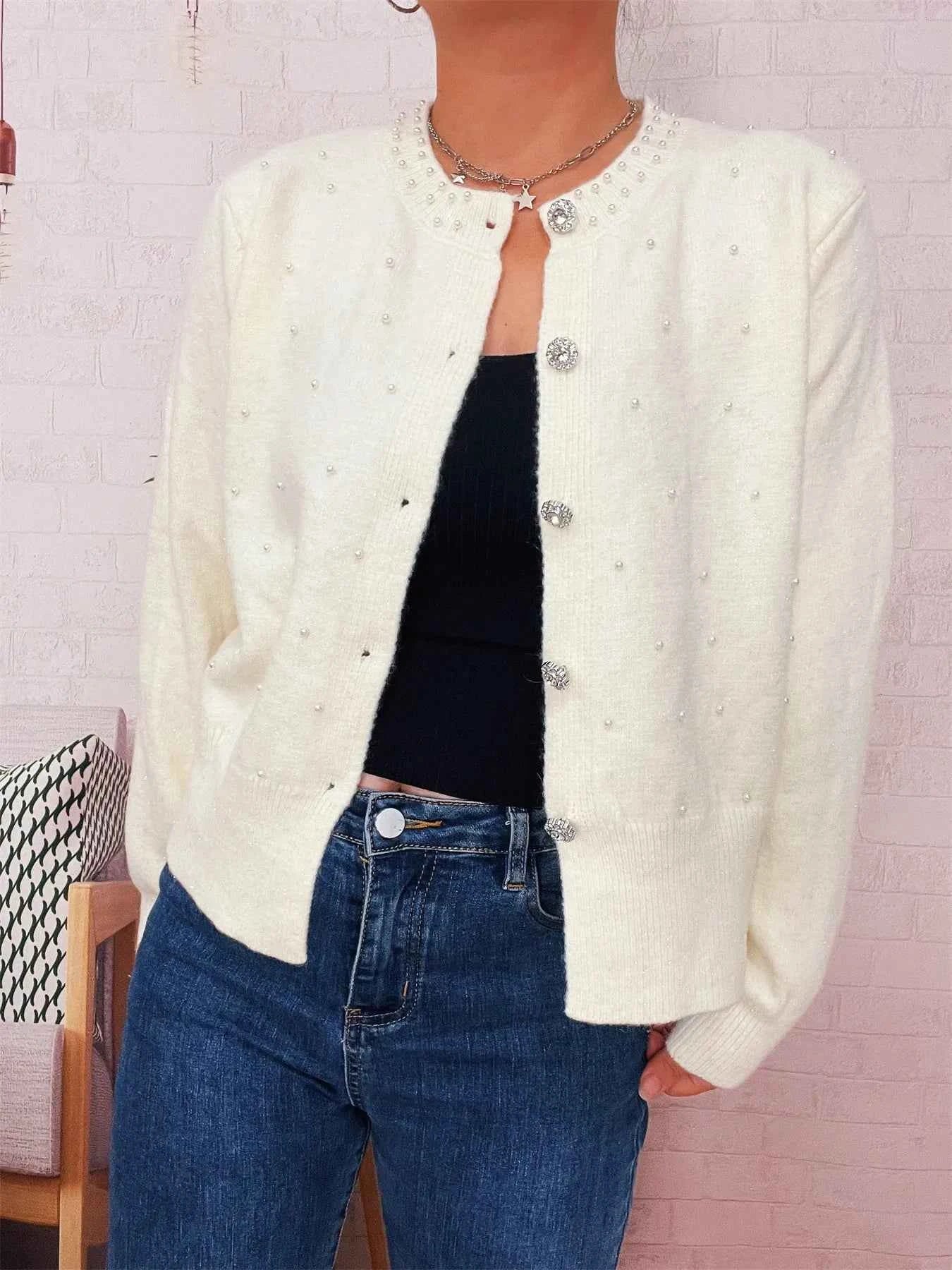 Pearl Detail Button-Front Cardigan 7bf13493f63c49df922a33513edc6cb2-Max-Origin