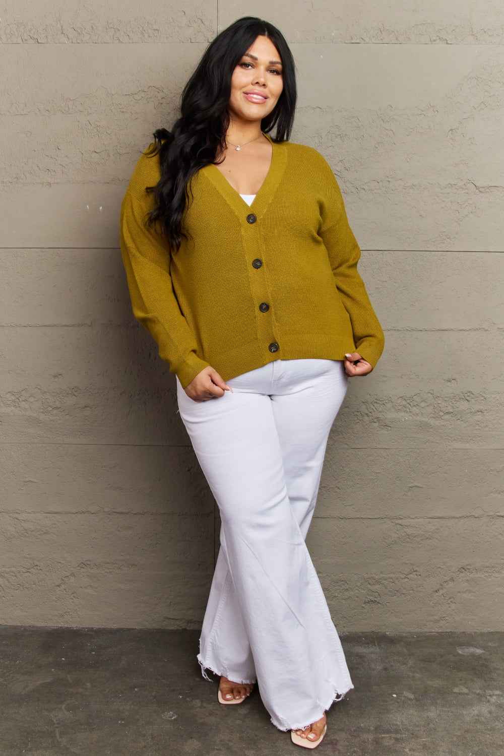 Zenana Kiss Me Tonight Full Size Button Down Cardigan in Chartreuse 7bf2905797214339a65d8fb61ebc4f16-Max