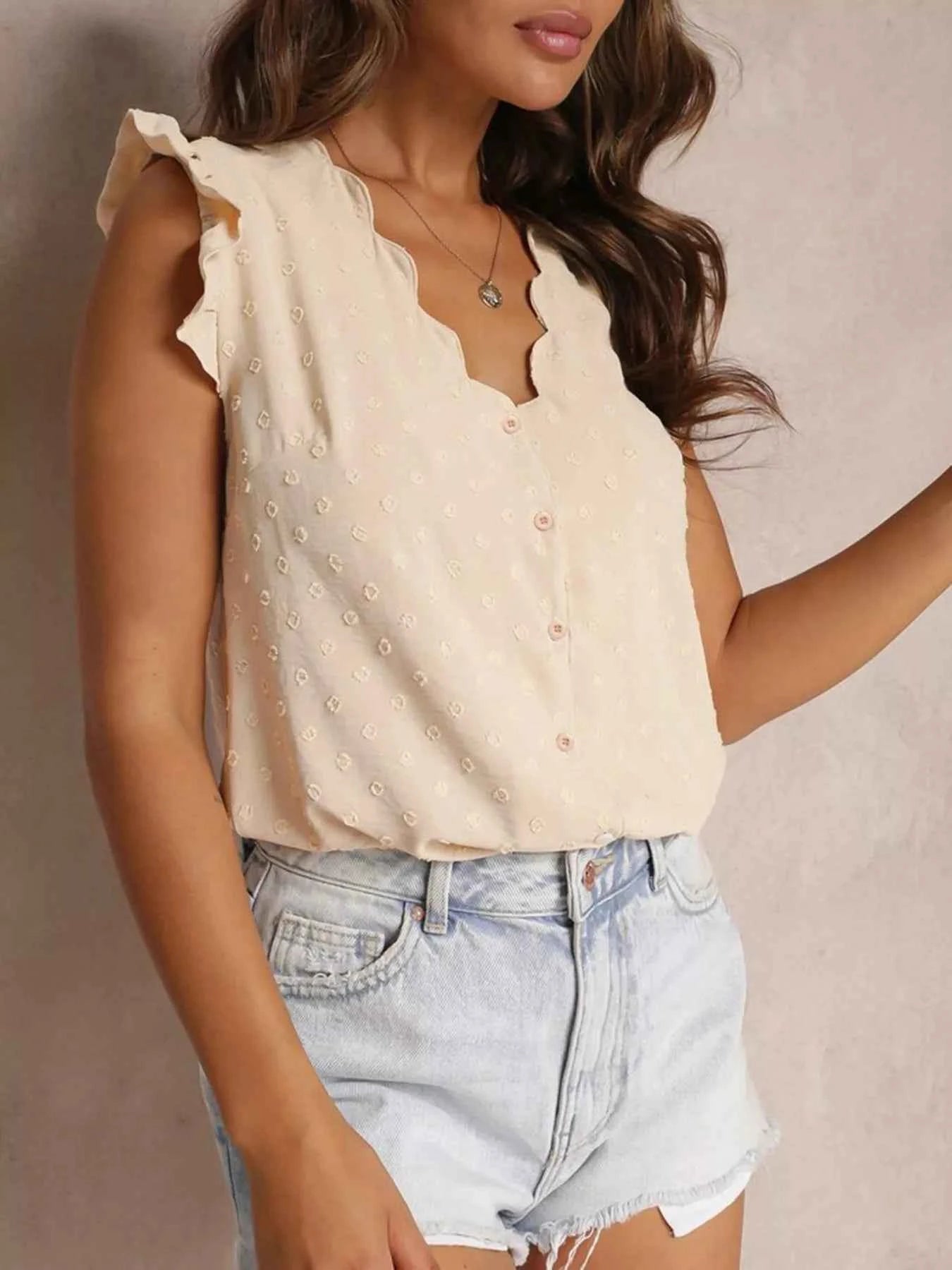 Swiss Dot Ruffled Button-Down Shirt 7bf52aa0ca484744b64517664800efa8-Max-Origin