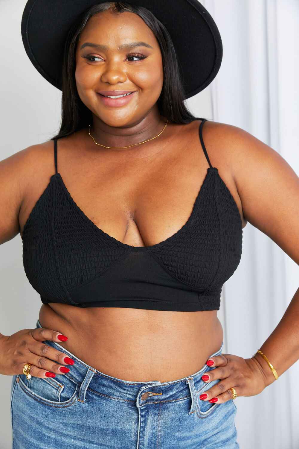 Zenana Full Size Textured Spaghetti Strap Bralette in Black 7bf6937d087044f09bae68a66a818227-Max