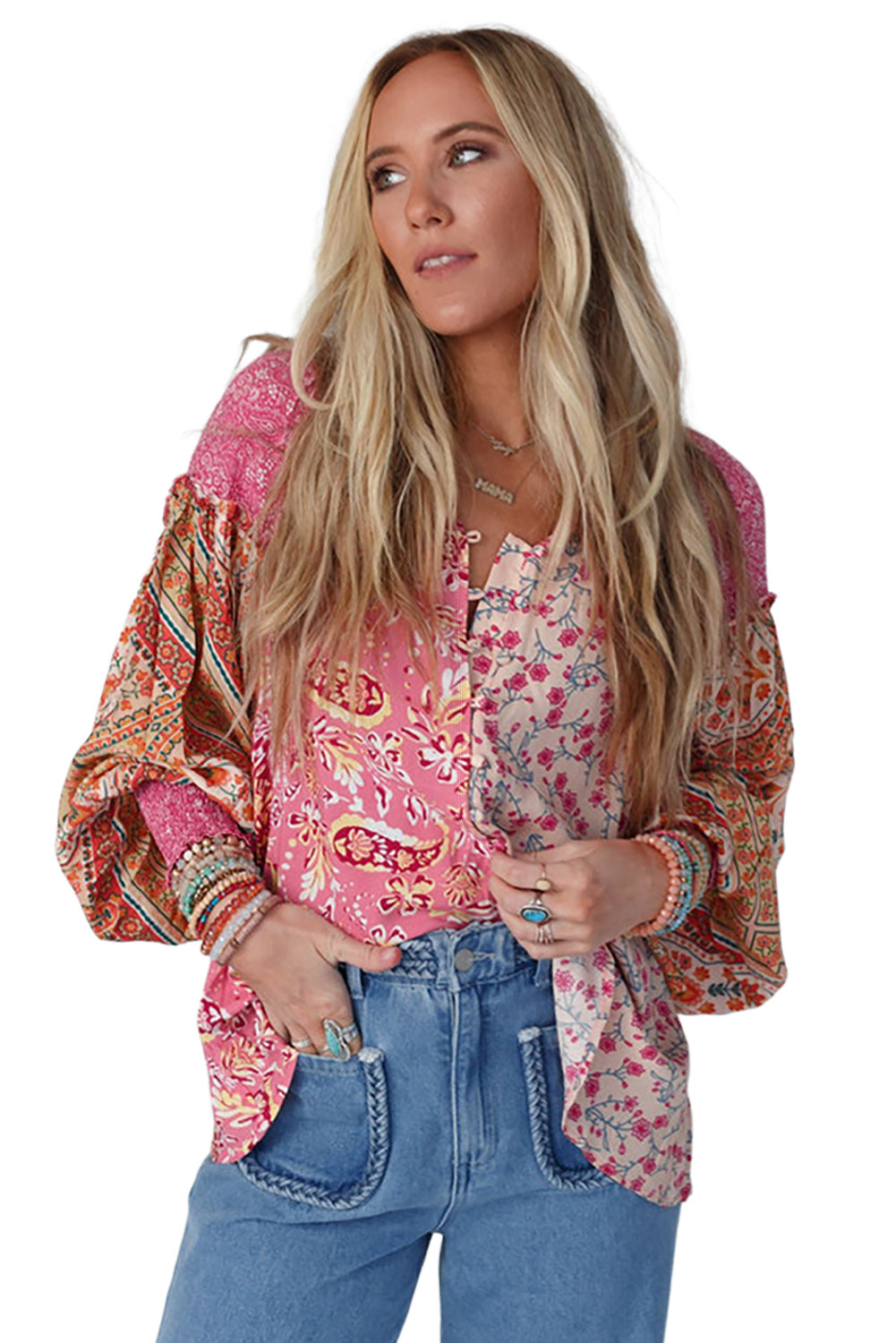 Pink Mixed Floral Printed Lantern Sleeve V-Neck Blouse 7c0c01592ef6fd06