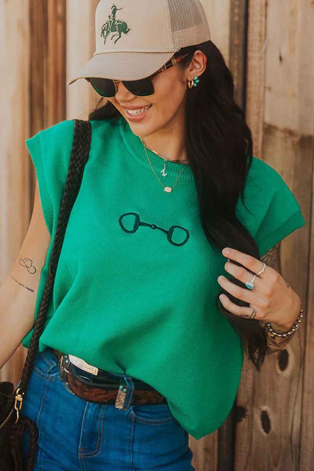 Bright Green Horse Bit Embroidered Short Sleeve Sweater 7c0e29c42d479d3b
