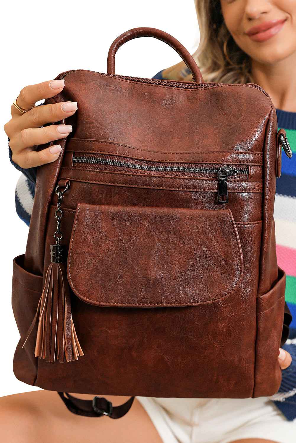 Dark Brown Tassel Decor Retro PU Large Capacity Backpack 7c0f7adf929f36f9