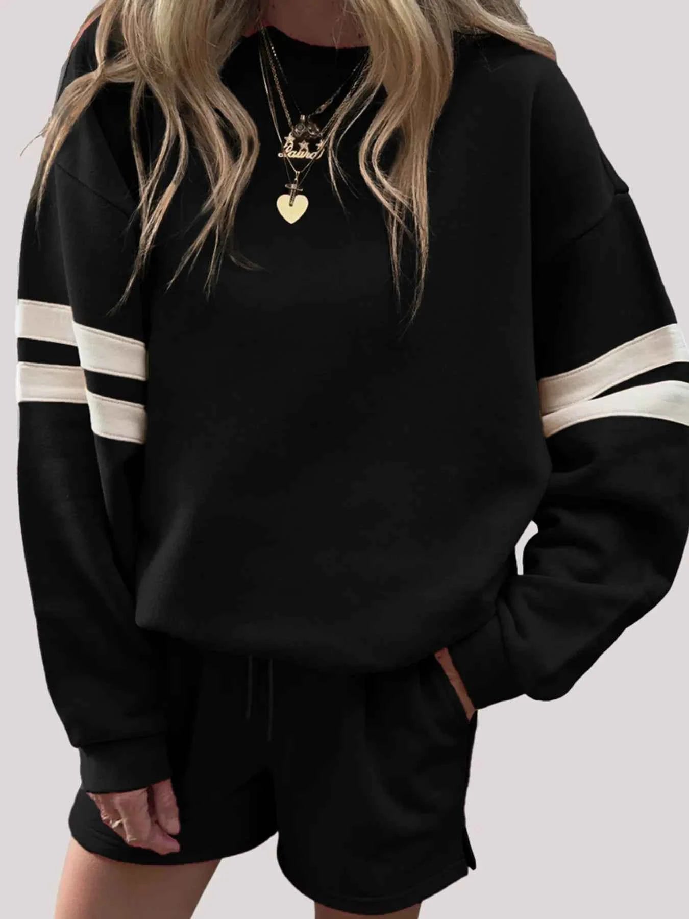Stripe Round Neck Sweatshirt and Shorts Set Black 7c1130fcc3ff4617a4b480c17939a38c-Max-Origin