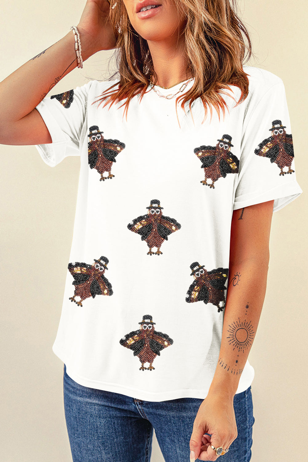 Black Sequin Turkey Patch Application Graphic Tee White 62%Polyester+32%Cotton+6%Elastane 7c12cca58c8a75e9