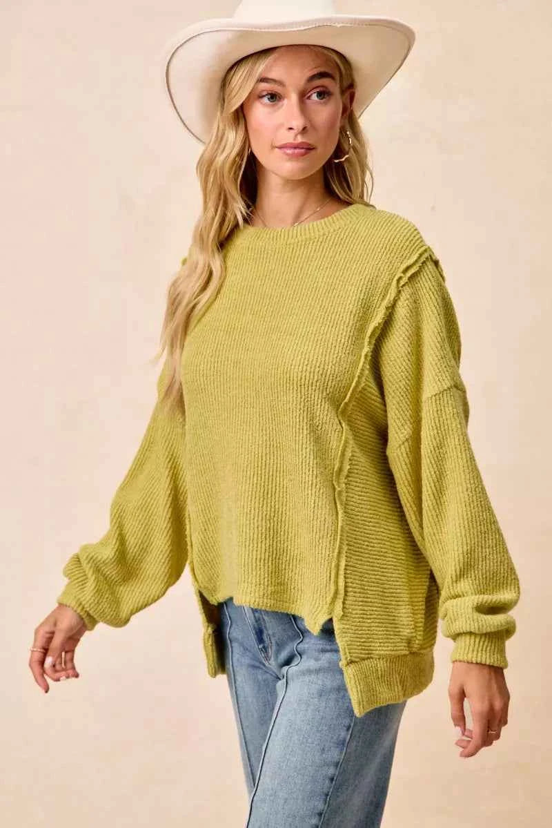 BiBi Boucle Rib Knit Uneven Hem Sweater With Open Seam 7c14663d5e85421aaab93b140b69877a-Max-Origin
