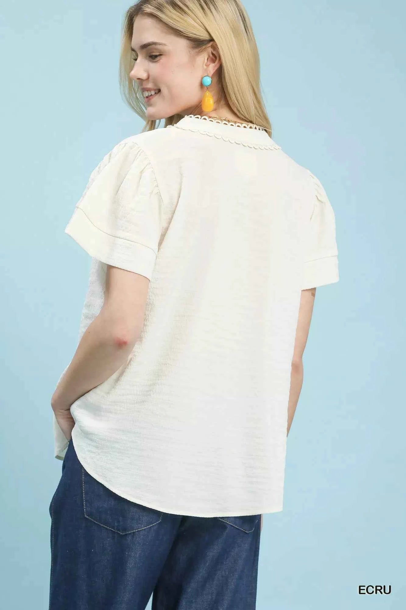 Umgee Seersucker Short Sleeve Top with Lace Trim 7c14b4e9-584f-4f0a-af89-62c30beaaff4-Max-Origin