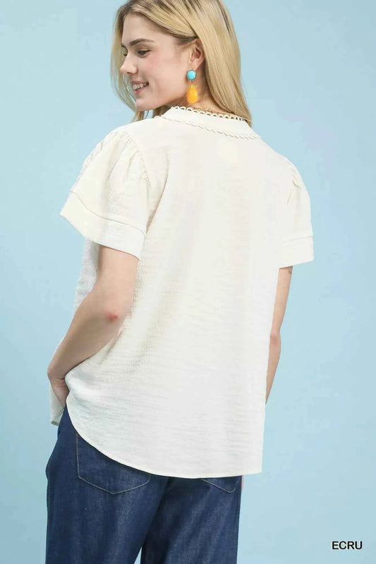 Seersucker Short Sleeve Top with Lace Trim 7c14b4e9-584f-4f0a-af89-62c30beaaff4-Max-Origin