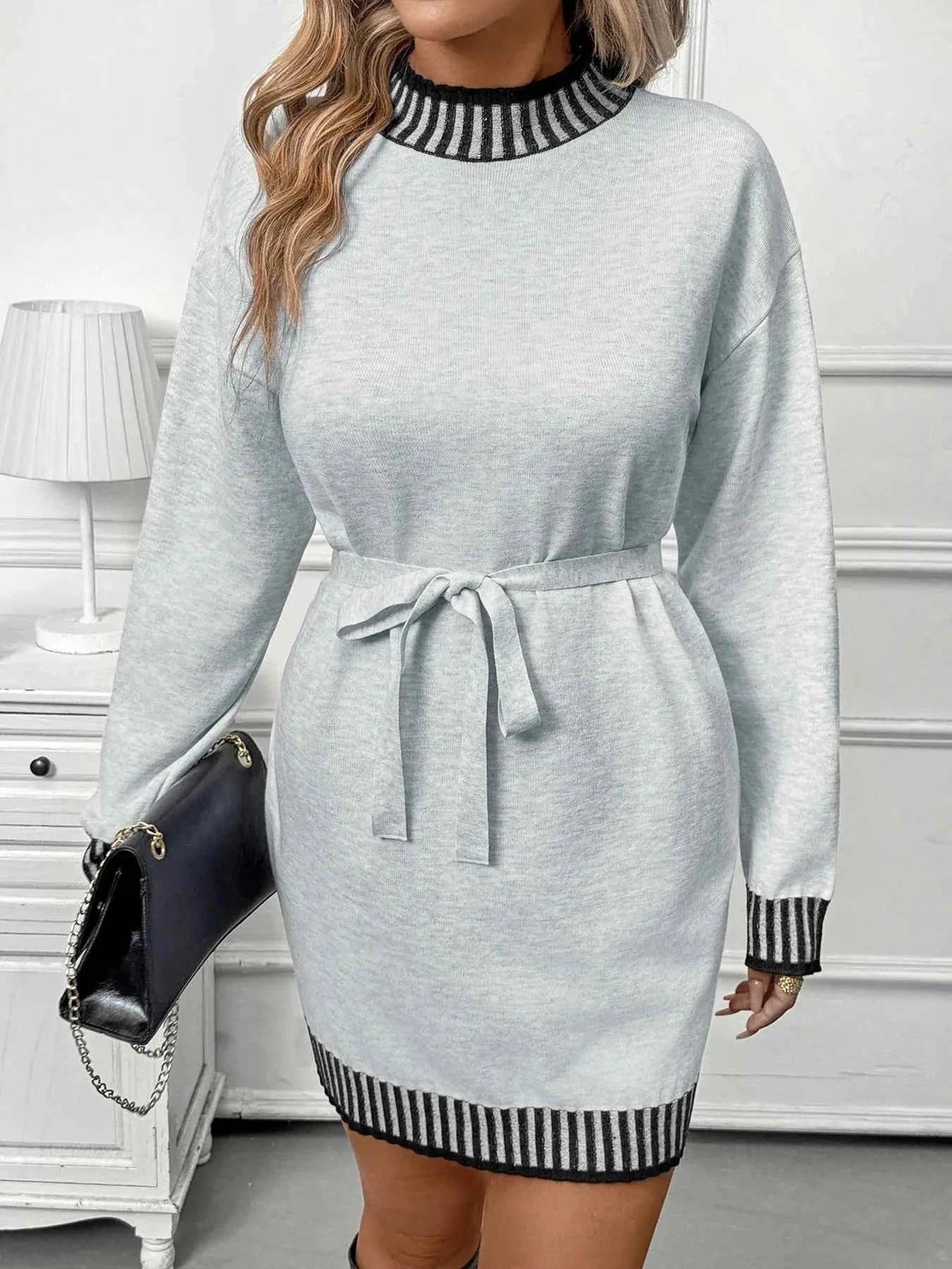 Striped Trim Tie Waist Sweater Dress 7c1a1660-072a-49cb-b73e-7dc308ec0611-Max-Origin