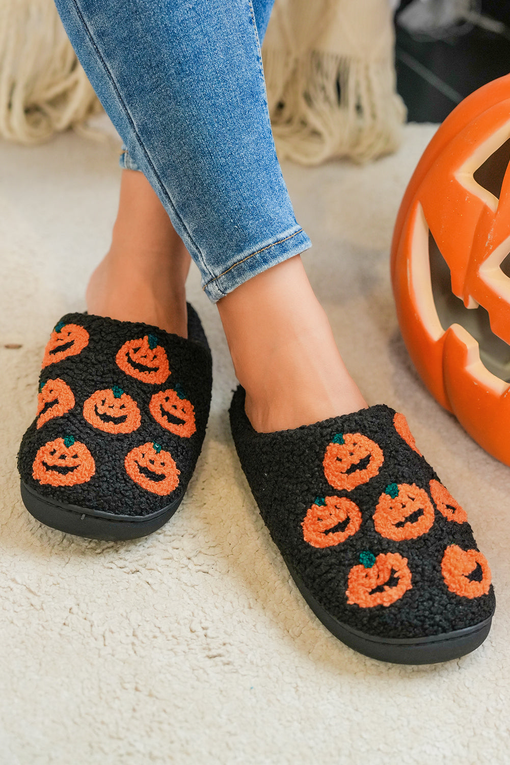 Black Halloween Pumpkin Plush Home Slippers 7c1d183c8bd1f411