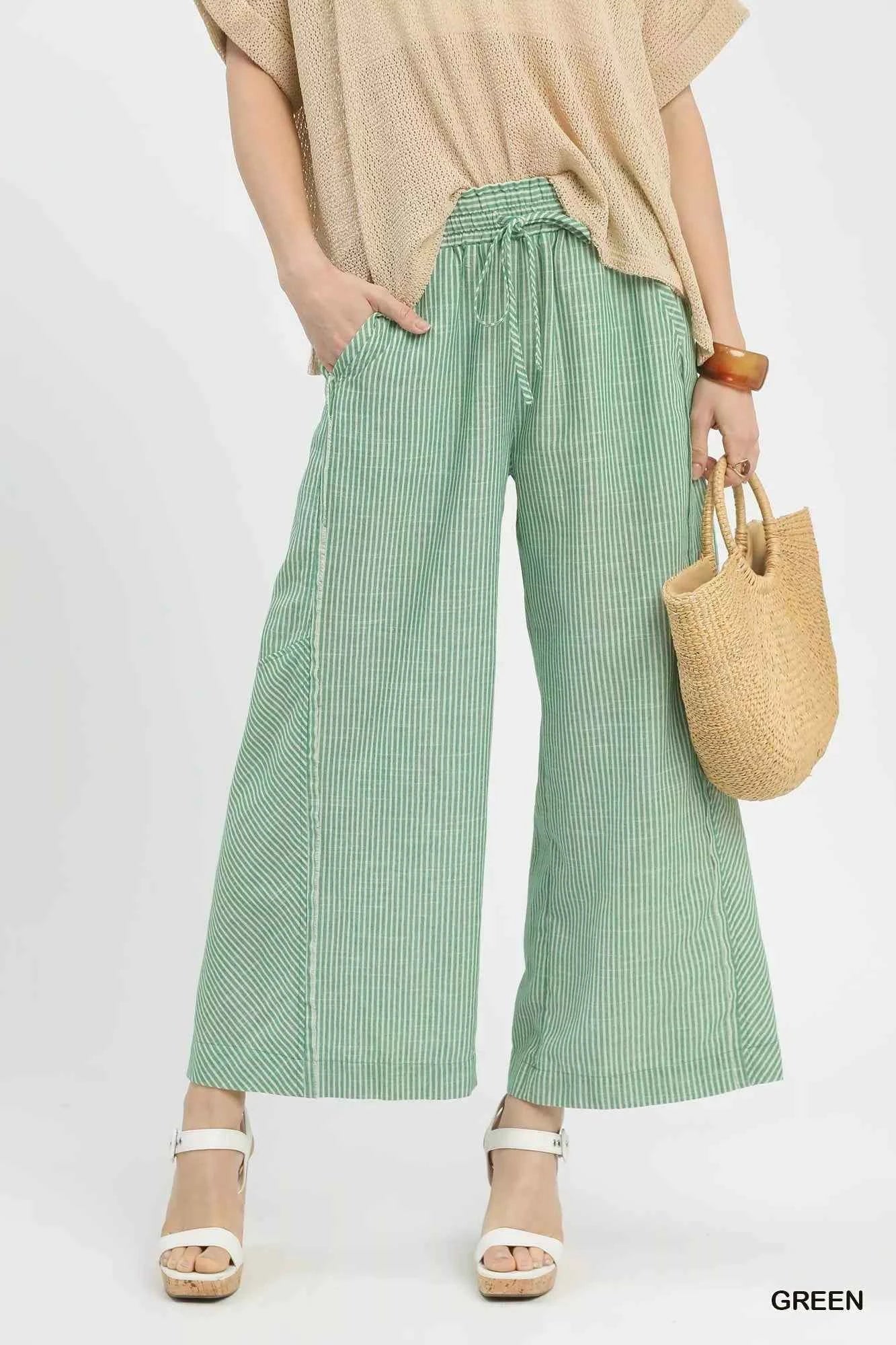 Umgee Linen Blend Striped Wide Leg Pants GREEN 7c1ee3cb-72c8-445b-ae9e-edbd3c172c54-Max-Origin