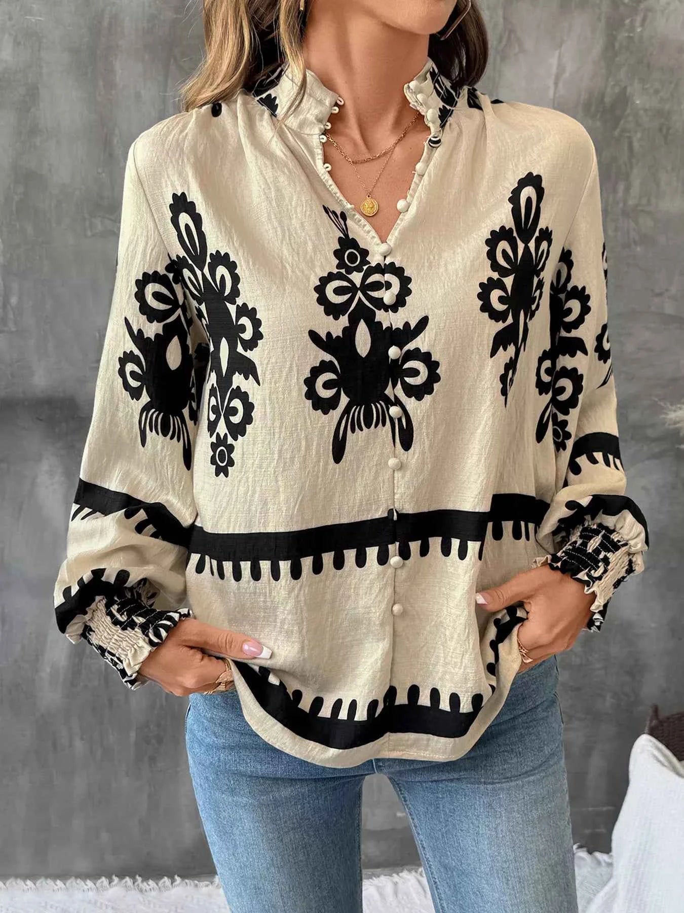 Printed Notched Lantern Sleeve Blouse Apricot 7c242f84f16b49d588eedc860e53bb95-Max-Origin