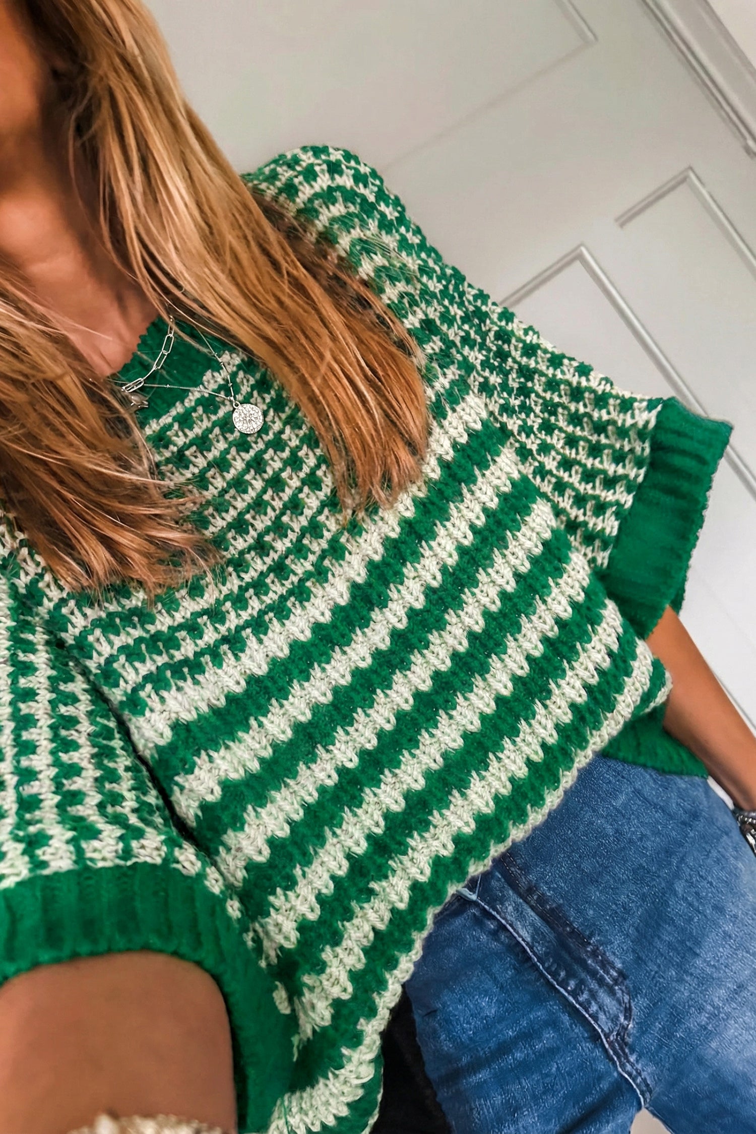 Green Stripe 3/4 Draped Sleeve Slouchy Sweater 7c2b85d613d976c0