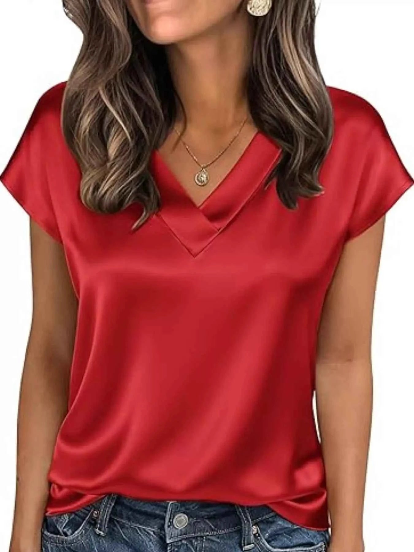 Satin V-Neck Short Sleeve Blouse Red 7c321114-6f45-46b1-aceb-0207949adcb0-Max-Origin